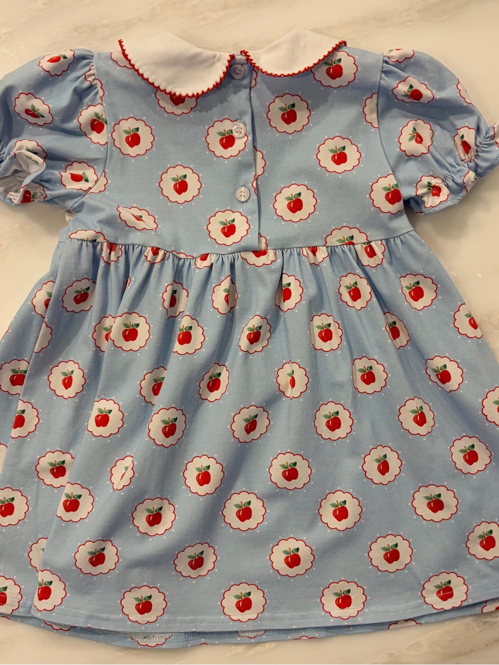 Girls Blue Apple Print Peter Pan Collar Dress - Picture 2 of 4